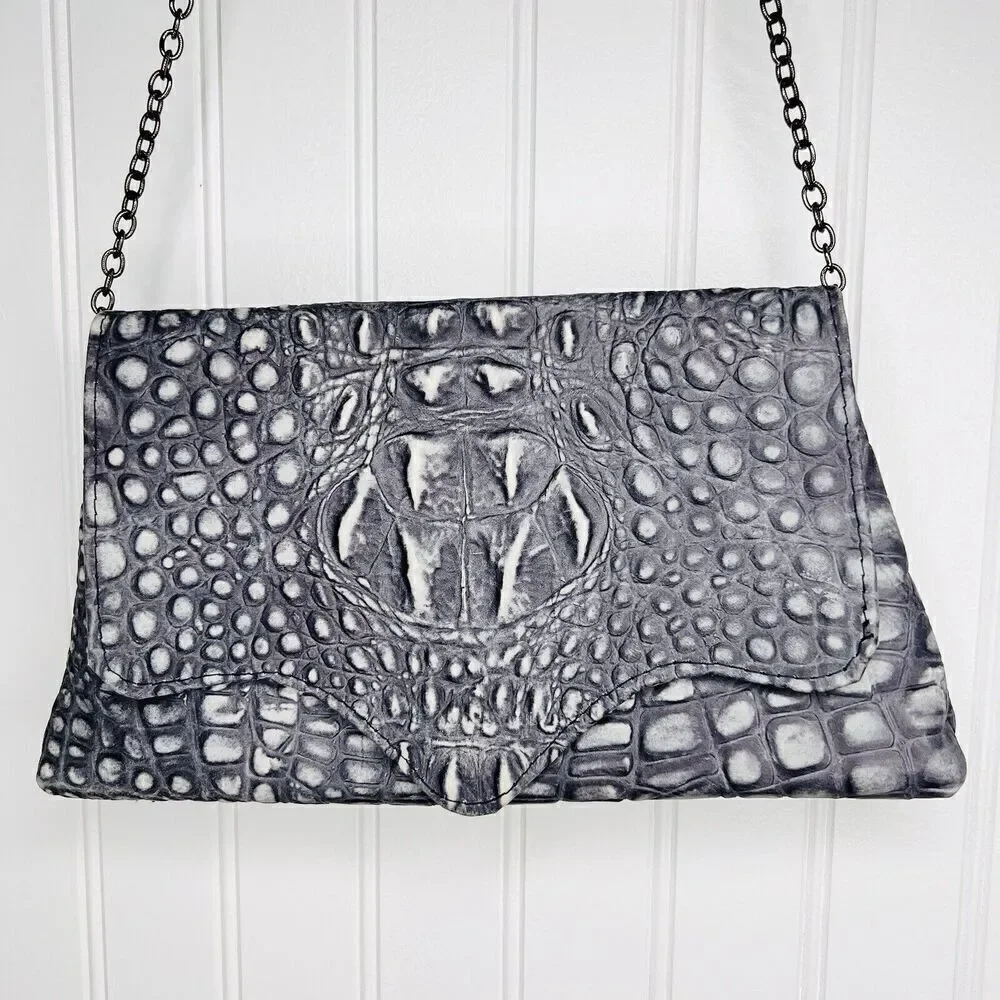 KEMESTRY Alligator Croc Pattern Leather Clutch Shoulder Grey Bag Magnetic USA